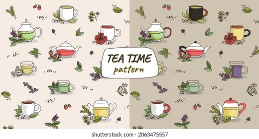 Pattern of different types of tea, teapots and cups with illustrations of plants. Wallpaper, background. Green and black tea, hyacinth. Mint, chamomile,melissa, linden, currant, strawberry.