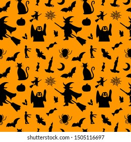 Pattern of different vector illustration silhouette for halloween. Icon of mummy, pumpkin, witch, ghost, zombie, bats, vampire, tomb and more cartoons