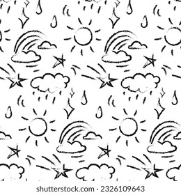 A pattern of different weather sun, rain, cloud, rainbow, stars. Pencil drawings on a white background. Weather texture, children's drawing. Children's illustration. Printing on clothes.