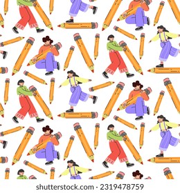 Un patrón de jóvenes diferentes sosteniendo grandes lápices con un patrón sin fisuras. Los jóvenes estudiantes felices escriben, dibujan. El concepto de educación. Día del Conocimiento, septiembre. De vuelta a la escuela. Vector
