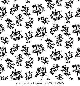 pattern is dill and cumin, twigs and flowers. Culinary herbs and spices, hand-drawn. Seamless grass is chaotic. A black outline on a white. Vector illustration. Seasonings, spices, food additives