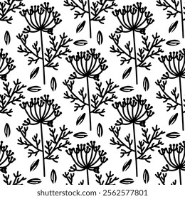 pattern of dill and cumin, twigs and seeds grow upward. Culinary herbs and spices, hand-drawn. Seamless grass. black outline on white background Vector illustration. Seasonings, spices, food additives