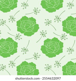 Pattern of dill fennel sprigs and cabbage green vegetable. Healthy farm fresh food.