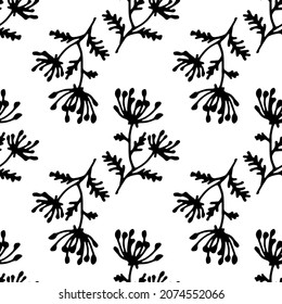 a pattern of dill seeds. seamless pattern of a doodle-style plant with constellations of seeds and leaves, isolated black outline on white for a natural floral design template