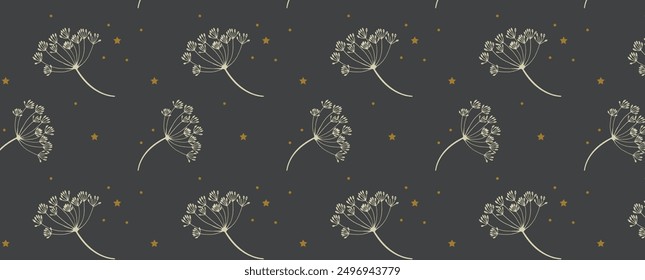 Pattern of dill sprigs and small golden stars and dots. Decoration from different parts of dill for fabric, wrapping paper and textile. Vector seamless background.