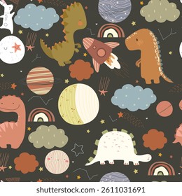Pattern with dino , clouds, stars, space sheap, planets and rainbows on black background, seamless pattern. Cute vector illustration for kids.