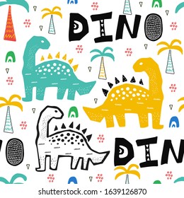 Pattern with dino, dinosaur in tropical forest in scandinavian style. Abstract kid draving for nursery,textile,wrapping or poster. Vector design.