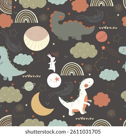 Pattern with dino , rainbows, moon, stars and planets on black background, seamless pattern. Cute vector illustration for kids with hand drawn animals and space.