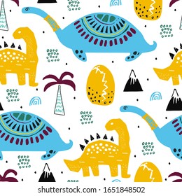 Patrón con dino,dinosaurio con palmas y huevos y recién nacido dino hijo. Ilustración de dibujo infantil, fondo abstracto, textil, tela o afiche. arte vectorial