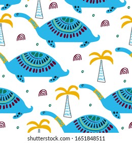 Pattern with dino,dinosaur with palms and eggs and newborn dino child. Kids drawing illustration, abstract background,textile,fabric or poster. vector art