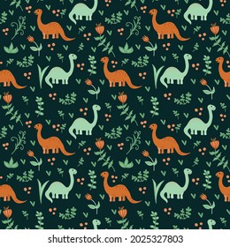 A pattern with dinosaurs among the tropics. Characters in nature for the background. Cartoon wild animals for textiles. Dino in doodle. Vector illustration