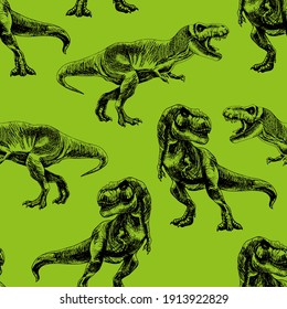 Pattern of dinosaurs. Black drawing of dinosaurs on a green background. Vector illustration for web design, websites, print, backgrounds.