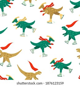 Pattern with dinosaurs skating on ice. Cute funny hand drawn dinos with red scarf and ice skates slide along ice rink. Funny childish style characters. Seamless background. Wrapping paper design.