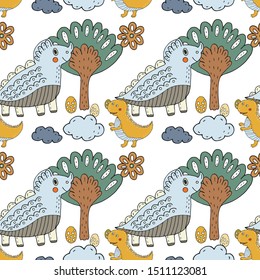 Pattern of dinosaurs and trees. Fabric for kids, baby boy Vector clipart, seamless pattern.