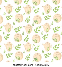 pattern with dishes in eco style with green sprigs