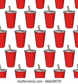 Pattern with disposable red soda cup with straw for poster, menus, brochure, web fast food business. Cartoon style  on white background