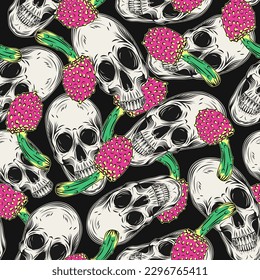 Pattern with distorted human skull, red fantasy mushroom fly agaric, amanita. For clothing, apparel, T-shirts, surface decoration in groovy, hippie, psychedelic retro style.