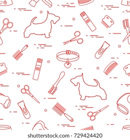 Pattern with dog, combs, collar, leash, razor, hair dryer, bowl, scissors. Health care, grooming, caring for a dog, exhibition.