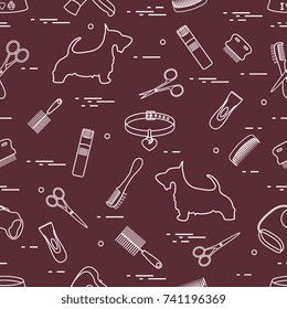 Pattern with dog, combs, collar, leash, razor, hair dryer, bowl, scissors. Health care, grooming, caring for a dog, exhibition.