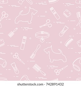 Pattern with dog, combs, collar, leash, razor, hair dryer, bowl, scissors. Health care, grooming, caring for a dog, exhibition.