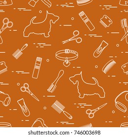Pattern with dog, combs, collar, leash, razor, hair dryer, bowl, scissors. Health care, grooming, caring for a dog, exhibition.