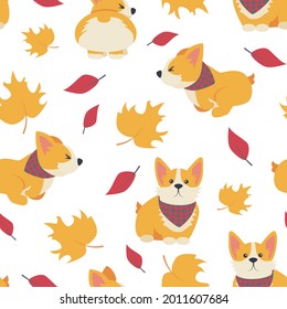 The pattern is dog, corgi, leaves, autumn. Vector illustration.