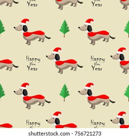 Pattern with dog ,happy new year text and christmas tree