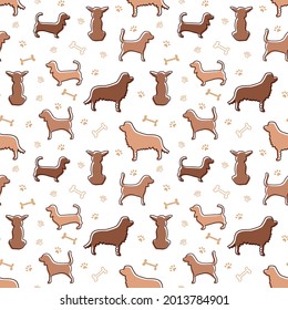 pattern with dog silhouettes, bones and paw prints in doodle style and one line with colored brown and beige spots. Can be used as a background, wallpaper, on fabric and for decorative decoration.
