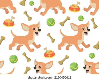 Patrón de suministros para perros y perros en un fondo blanco. Ilustración vectorial.