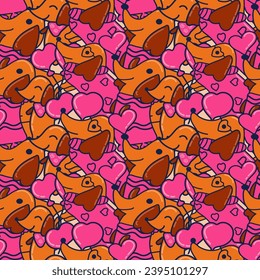 Perros patrón dachshund, día de los amantes, bolas en forma de corazón, corazones, perros felices