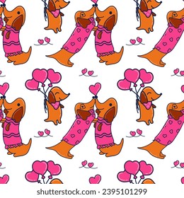 Pattern dogs dachshund, lovers day, balls in the form of a heart, hearts, happy dogs