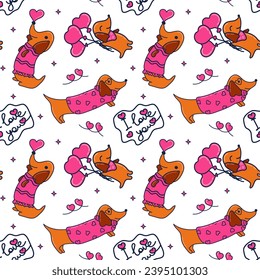 Pattern dogs dachshund, lovers day, balls in the form of a heart, hearts, happy dogs