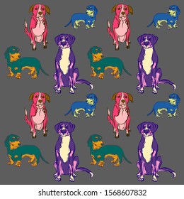 Pattern of dogs of different breeds. Multi-colored funny puppy play and jump. Bright and colored dogs for printing on t-shirts, notebooks, posters. Playful puppy of different breeds. 