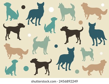 Pattern with dogs of different breeds in vector.