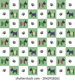 Pattern with dogs in patchwork style. Spitz, colored squares and animal footprints. Vector illustration. For packaging, illustrations, covers, fabrics and prints, pet supplies