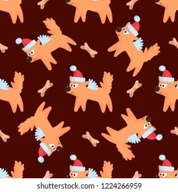 Pattern with dogs in Santa Claus hats on red background. For textiles, fabric, background, wrapping paper, children's room, decor.