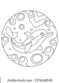 Pattern with dolphin. Illustration with a dolphin. Mandala with an animal. Dolphin in a circular frame. Coloring page for kids and adults.