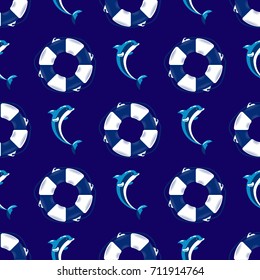 Pattern with dolphins and lifebuoys. Vector textural pattern of marine animals and marine accessories. Background with silhouette of dolphins and lifebuoys illustration