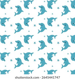 Pattern with dolphins, vector seamless pattern with cute cartoon whale and sea elements