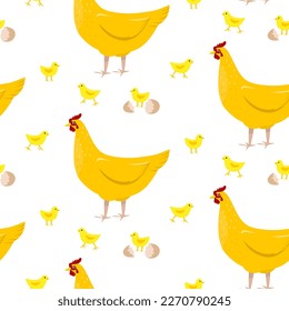 Pattern with domestic hen and chickens. Hens and chickens. Vector illustration.