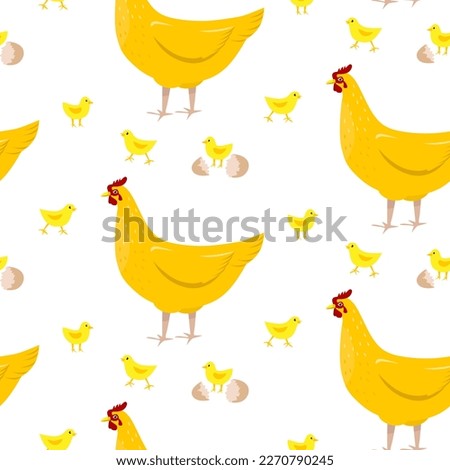 Pattern with domestic hen and chickens. Hens and chickens. Vector illustration.