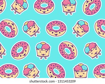 Pattern of Donut and Ice Cream with cute kawaii face expressions. Handmade in doodle style - Vector EPS