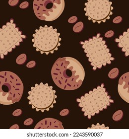 pattern donuts, coffee and cookies on a brown background.