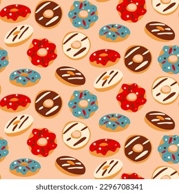 A pattern of donuts. Color simple illustration of flying donuts with different glazes. Sweet summer seamless background with vector illustrations of donuts. Background for printing textiles and paper