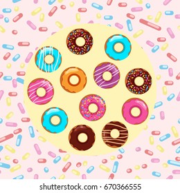 pattern with donuts. Pattern with colorful glaze and sprinkles donuts and chocolate donut. Background fresh and yummy donuts illustration