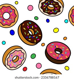patrón de donuts y caramelos redondos coloridos sobre fondo de bebé blanco para papel de envoltura, tela, textil