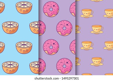 pattern of donuts with oranges and cups kawaii
