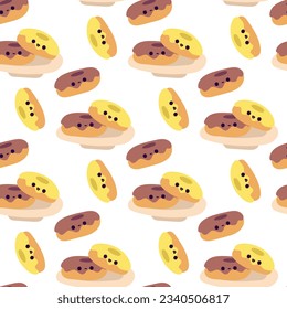 A pattern of donuts with a smile on a white background. Morning mood with donuts on a plate. Sweetness for tea. Seamless background with cartoon funny pastries. Printing on textiles and paper