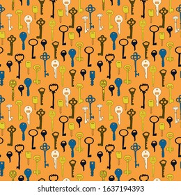 Pattern of doodle antique key colorful on orange  background for background, wallpaper, fabric textile, paper print, kid clothes, vector design.
