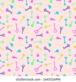 Muster des doodlen antiken Schlüssels bunt auf rosafarbenem Hintergrund, Tapete, Stofftextilien, Papierdruck, Kinderbekleidung, Vektorillustration-Design.